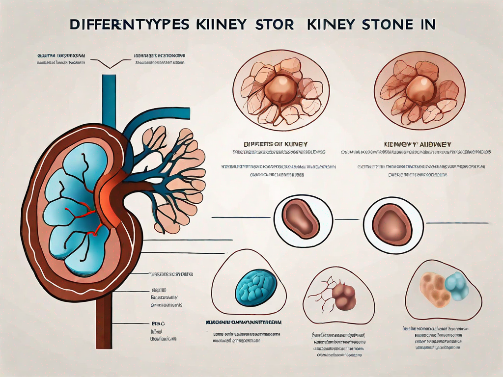 Different types of kidney stones in relation to a simplified anatomical diagram of a kidney