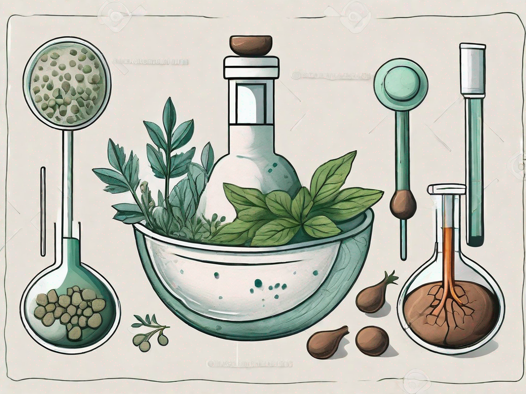 Modern medical tools such as a lithotripter and traditional elements like herbs and a mortar and pestle