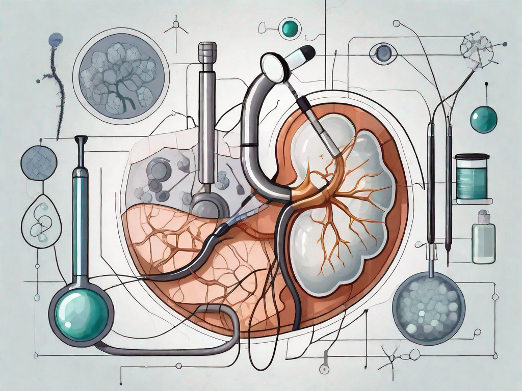 A kidney with magnified sections showing small crystalline deposits