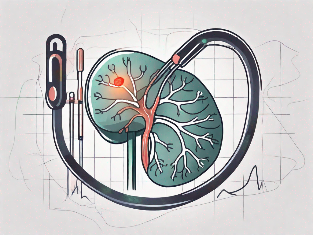 A kidney with a highlighted area indicating a kidney calyx stone