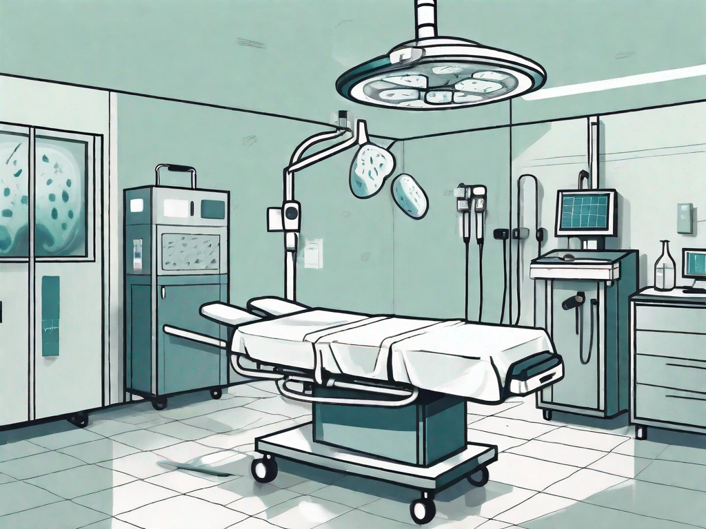 A hospital operating room with a focus on medical tools used for kidney stone surgery