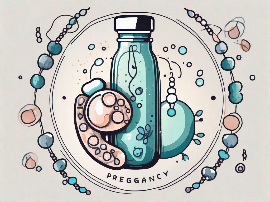 A kidney with small stones surrounded by pregnancy symbols such as a baby bottle and a pacifier