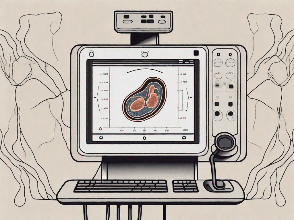 An ultrasound machine with a screen displaying a kidney with small