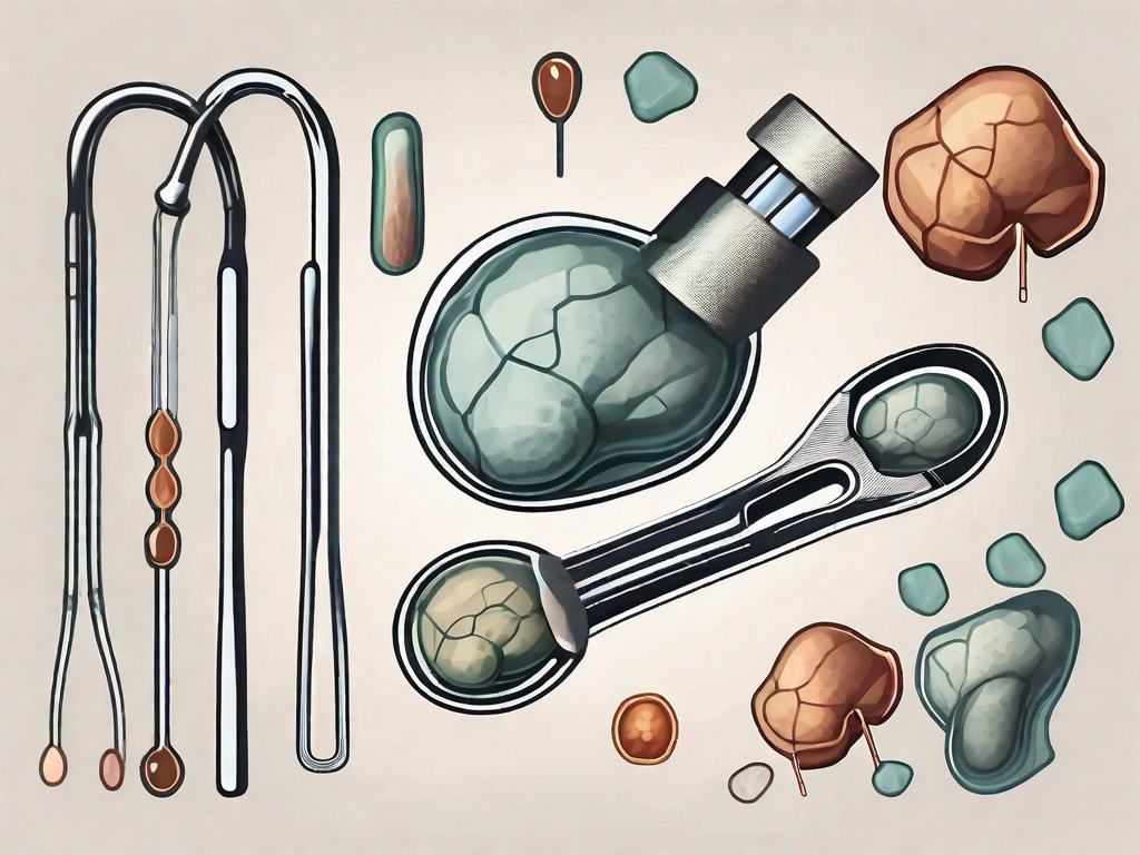 A kidney stone in a stylized depiction of the urinary tract