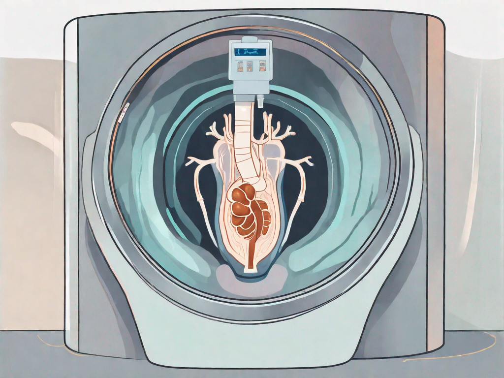 A ct scanner with a highlighted image of the abdomen area